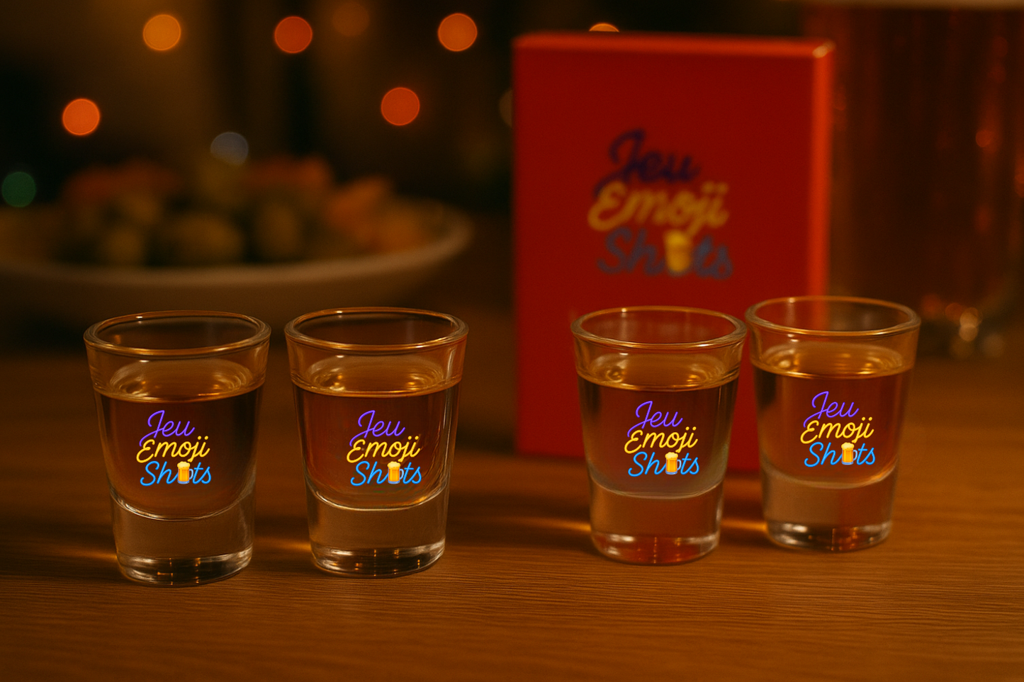 Quatre verres à shot alignés sur une table en bois, remplis d’un liquide doré, avec le logo coloré 'Jeu Emoji Shots' sur chaque verre, dans une ambiance de soirée conviviale entre amis avec lumière chaude et fond flou festif + le jeu emojie shots