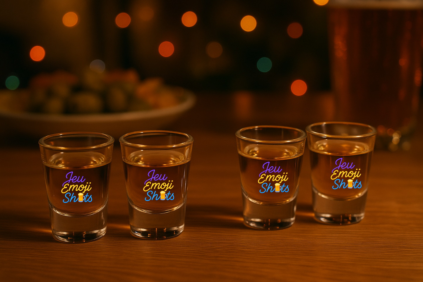 Quatre verres à shot alignés sur une table en bois, remplis d’un liquide doré, avec le logo coloré 'Jeu Emoji Shots' sur chaque verre, dans une ambiance de soirée conviviale entre amis avec lumière chaude et fond flou festif