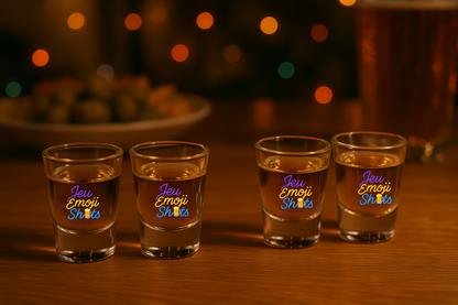 Quatre verres à shot alignés sur une table en bois, remplis d’un liquide doré, avec le logo coloré 'Jeu Emoji Shots' sur chaque verre, dans une ambiance de soirée conviviale entre amis avec lumière chaude et fond flou festif